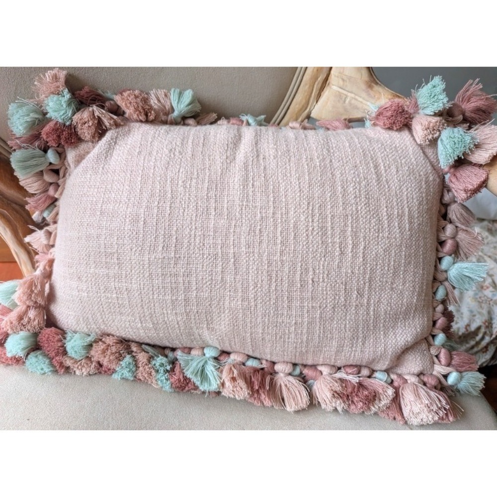 Cottagecore Throw Pillow Vintage Like Barkcloth Textured Shabby Chic W/ Tassels